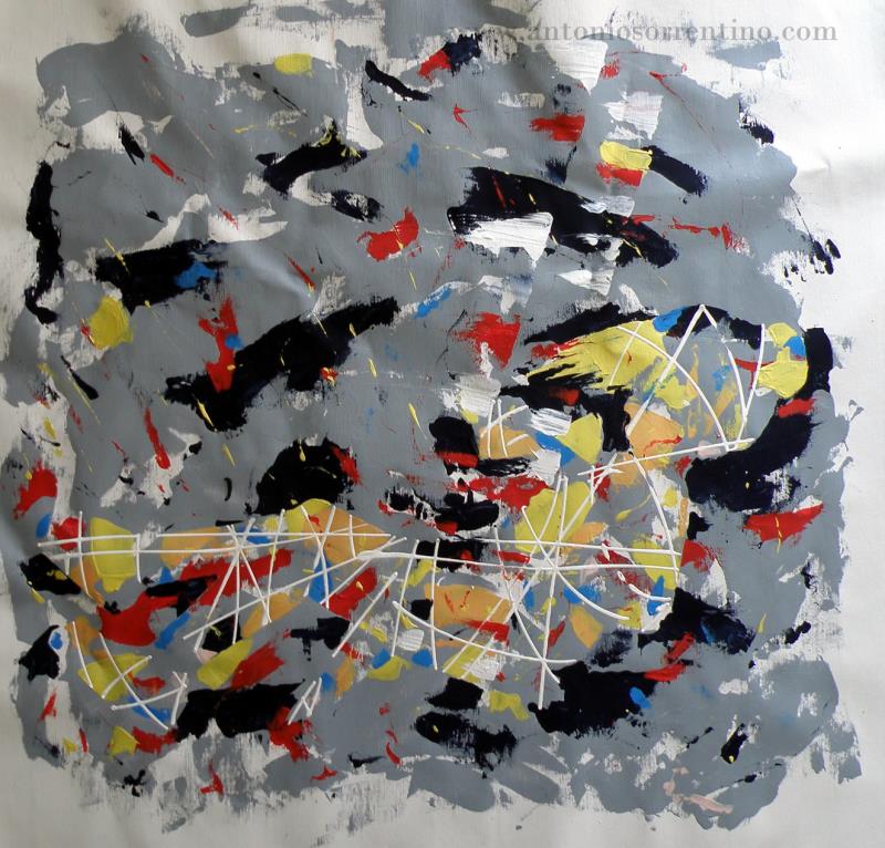 Girl on a Swing, abstract work by Antonio Sorrentino: horizontal child presence suggested by white lines on grey ground, Children Cycle, acrylic on grey ground