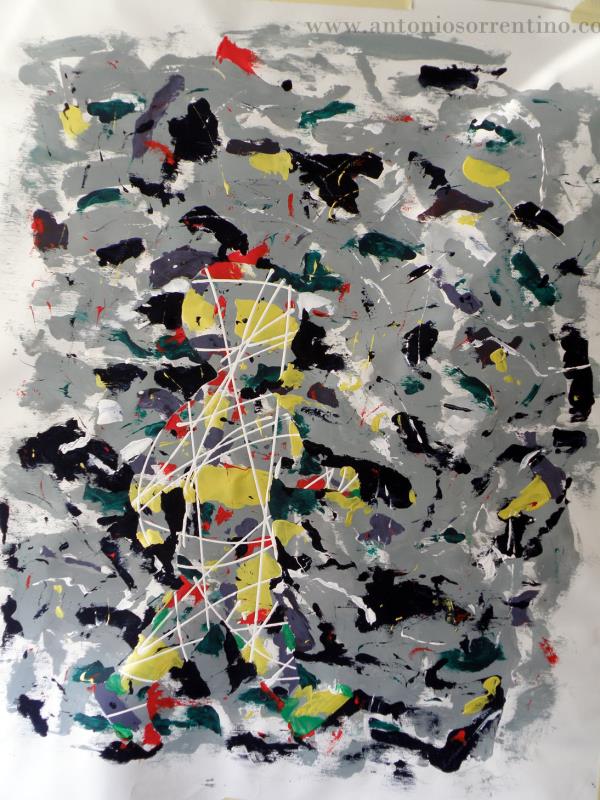 Child I, abstract work by Antonio Sorrentino: vertical child figure emerging from white lines on grey ground, Children Cycle, acrylic on grey ground