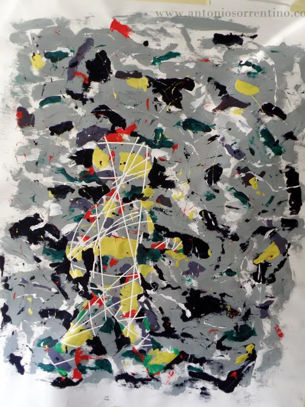 Child I, abstract work by Antonio Sorrentino: vertical child figure emerging from white lines on grey ground, Children Cycle, acrylic on grey ground