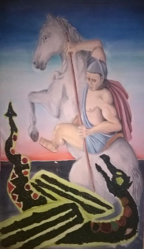 Saint George, painting by Antonio Sorrentino with the saint on horseback facing the dragon